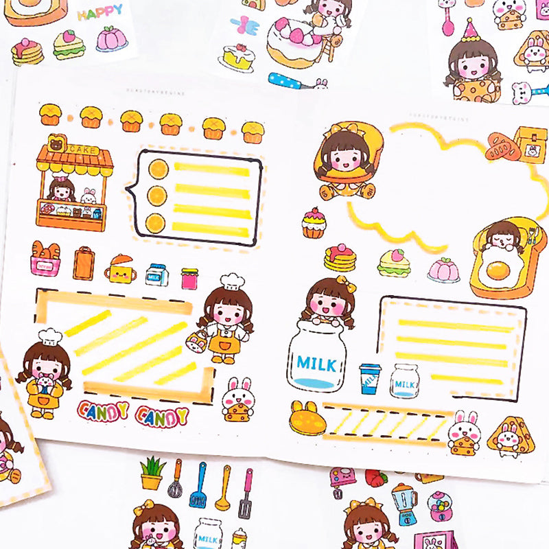 Cute bakery and dessert planner sticker pages with snacks, drinks, baking items, and decorative labels for journals