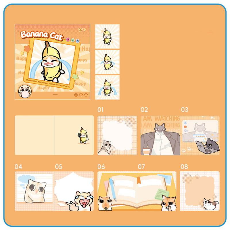 Banana Cat student notes with colorful memo pages and writing layouts