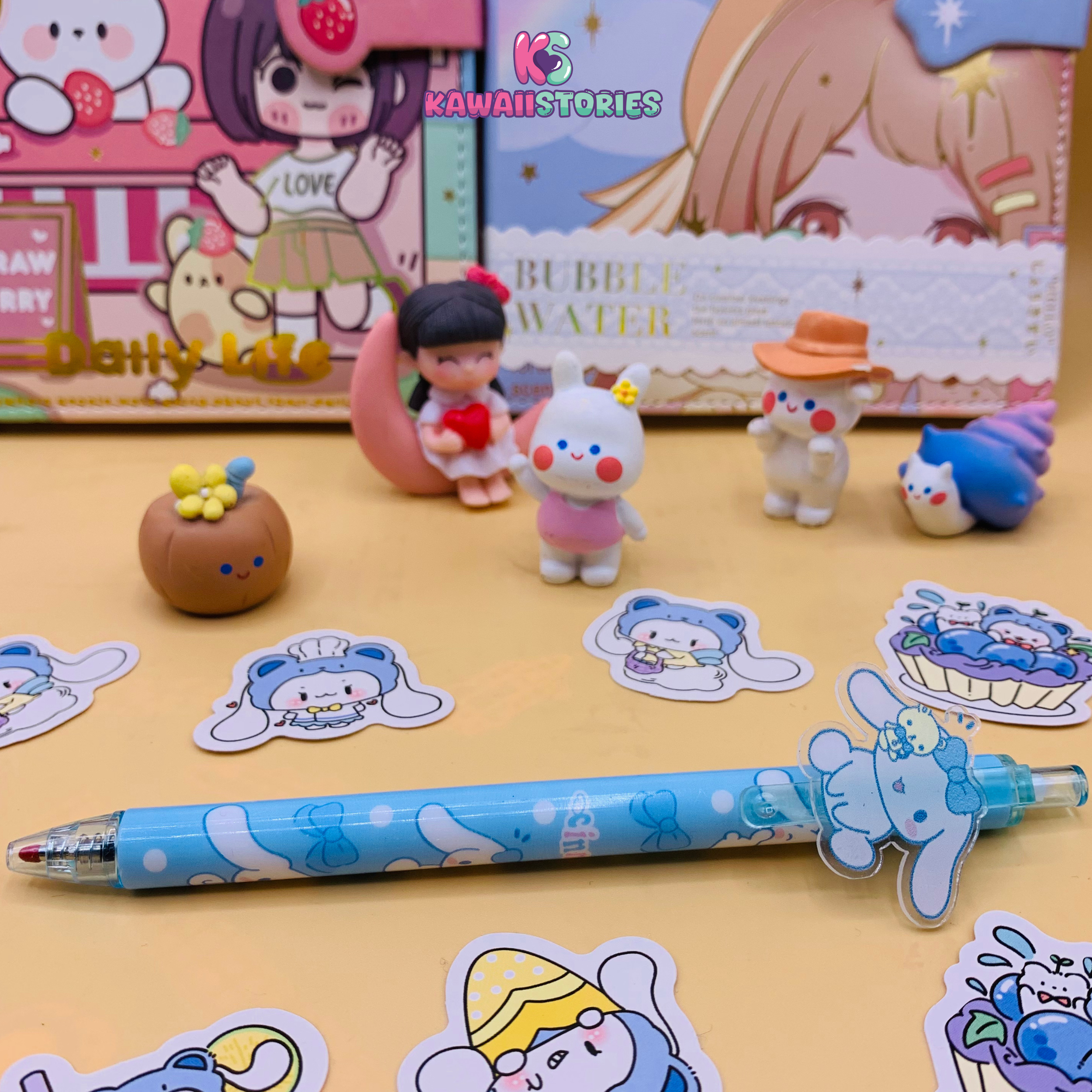 Blue bunny acrylic patch gel pen on a desk with stationery