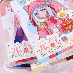Close-up of Brave Girl kawaii anime notebook showing premium hardcover artwork and magnetic buckle strap