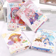 Complete Brave Girl kawaii magnetic buckle notebook collection featuring multiple anime cover designs in pastel colors