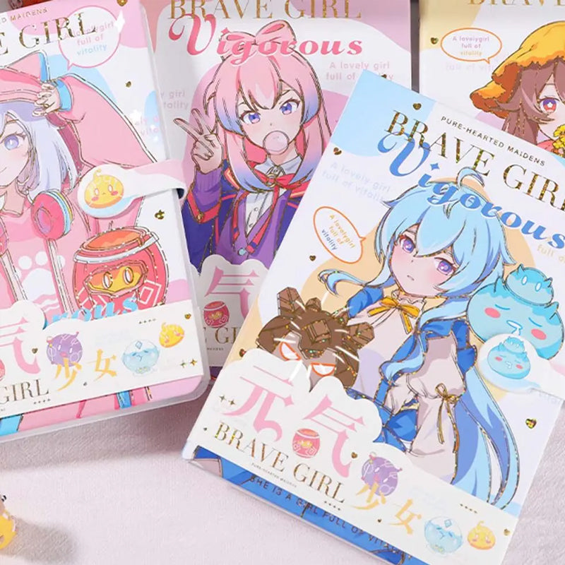 Brave Girl kawaii magnetic buckle notebook available in pink, blue, purple, and yellow anime cover designs