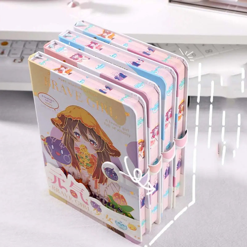 Side view of Brave Girl kawaii notebook displaying hardcover thickness, magnetic closure, and premium page construction 