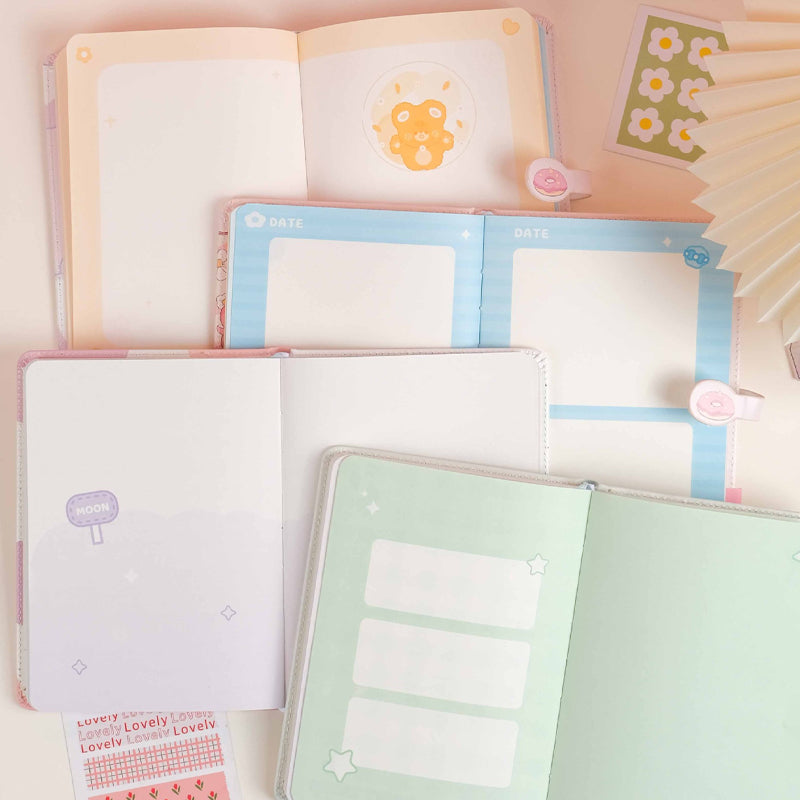 Inside layout of Brave Girl kawaii notebook showing decorative planner pages, colorful designs, and writing sections