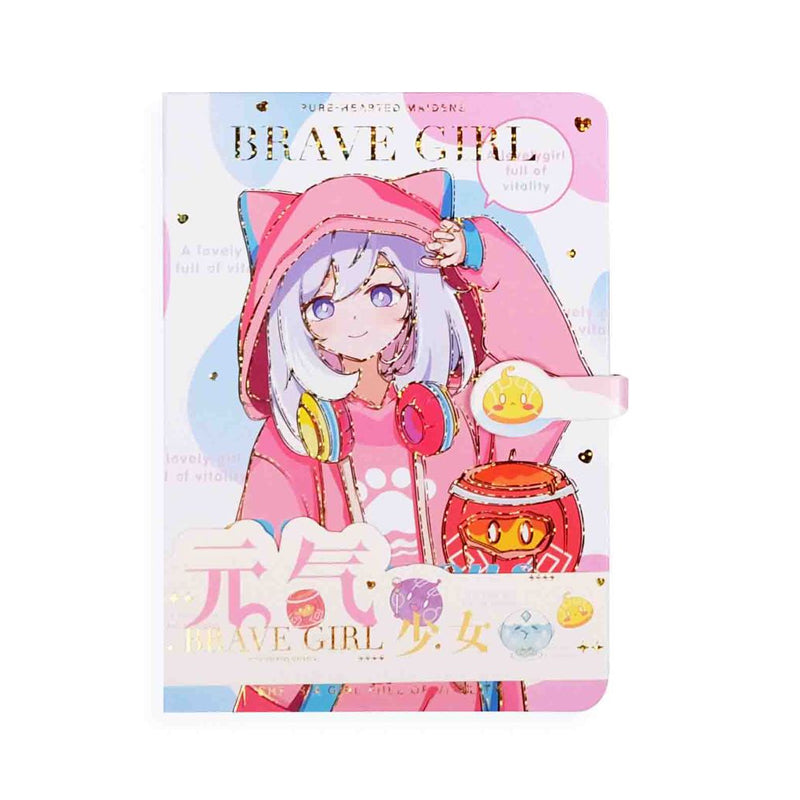 Pink Brave Girl kawaii anime notebook with magnetic buckle closure, pastel hardcover, and cute character illustration for journaling and school.