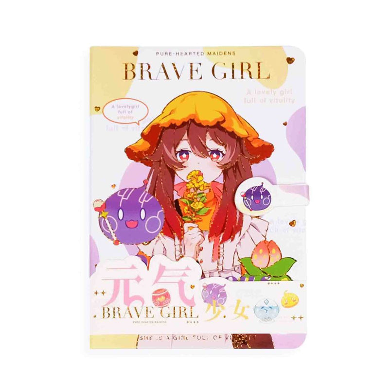 Yellow Brave Girl kawaii anime notebook with magnetic strap, hardcover design, and colorful character artwork for everyday writing