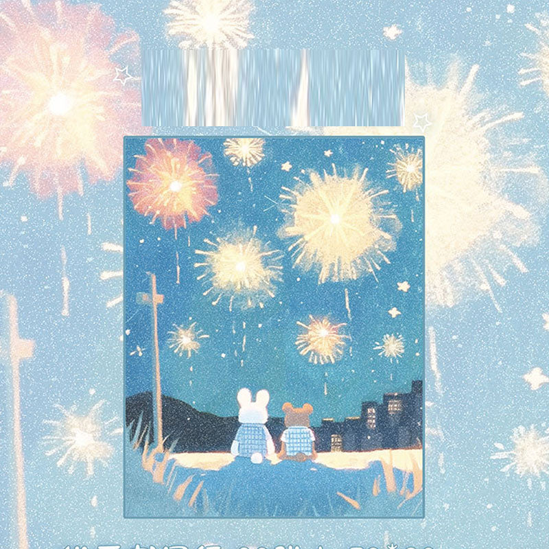 Bunny note paper featuring colorful fireworks over a city night scene