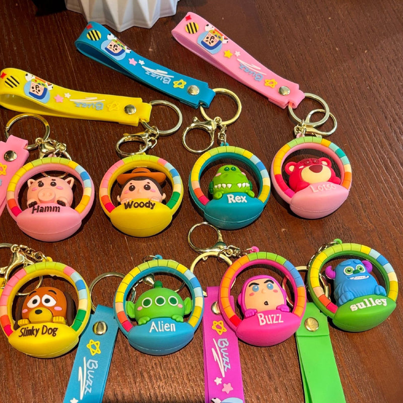 Colorful cartoon rubber pendant keychain collection with character figures and straps