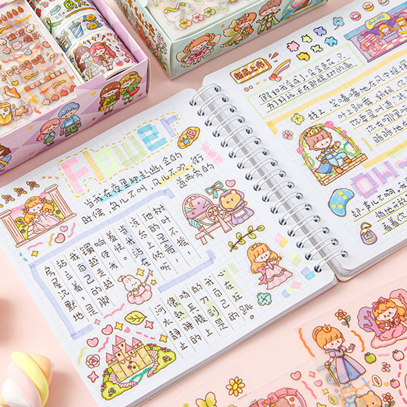 Cartoon washi tapes and sticker sheets arranged around an open decorated notebook