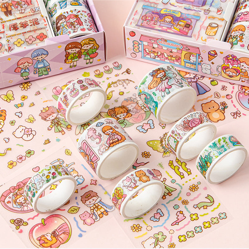 Cartoon washi tape rolls and craft stickers arranged on a pastel surface
