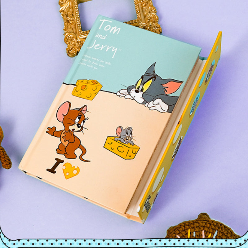 B6 tri fold notebook featuring a playful cat and mouse cartoon with a cheese themed hardcover design
