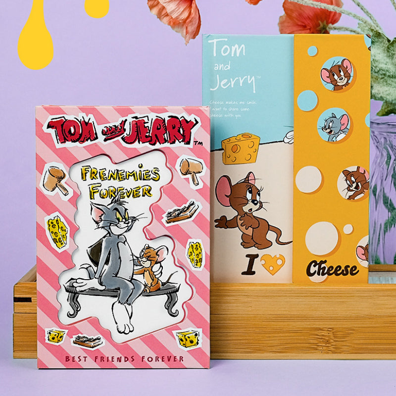 Hardcover B6 tri fold notebook with playful cat and mouse cartoon artwork
