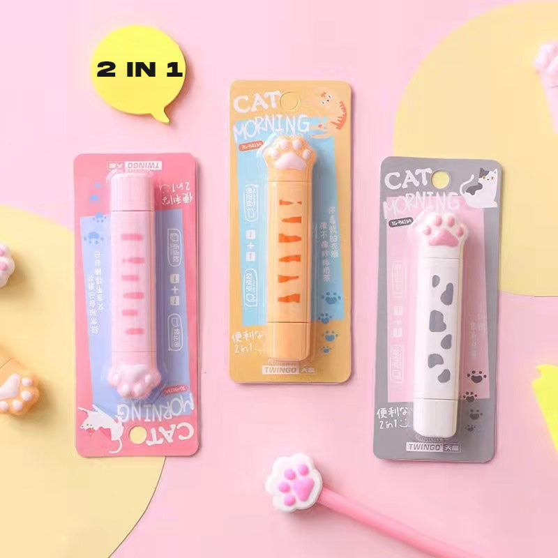 Pink, yellow, and white cat paw 2-in-1 correction tape dispensers in packaging