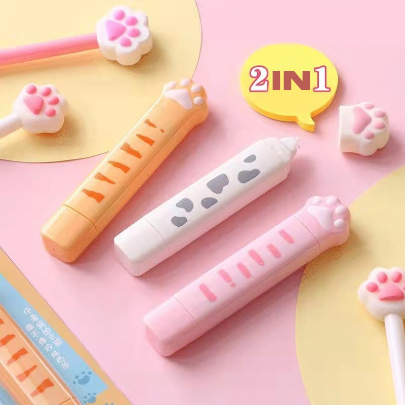 Cat paw 2-in-1 correction tape and glue dispenser in pink, white, and yellow