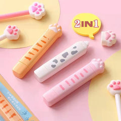 Cat paw 2-in-1 correction tape and glue dispenser in pink, white, and yellow