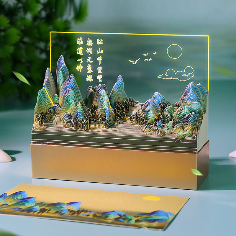 3D Chinese landscape paper sculpture memo pad with layered mountain scenery