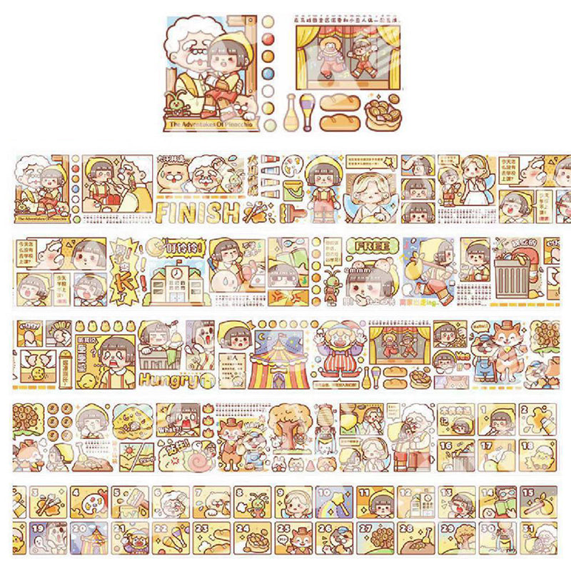 Decorative sticker roll inspired by classic storybook scenes with colorful journal and planner decorations
