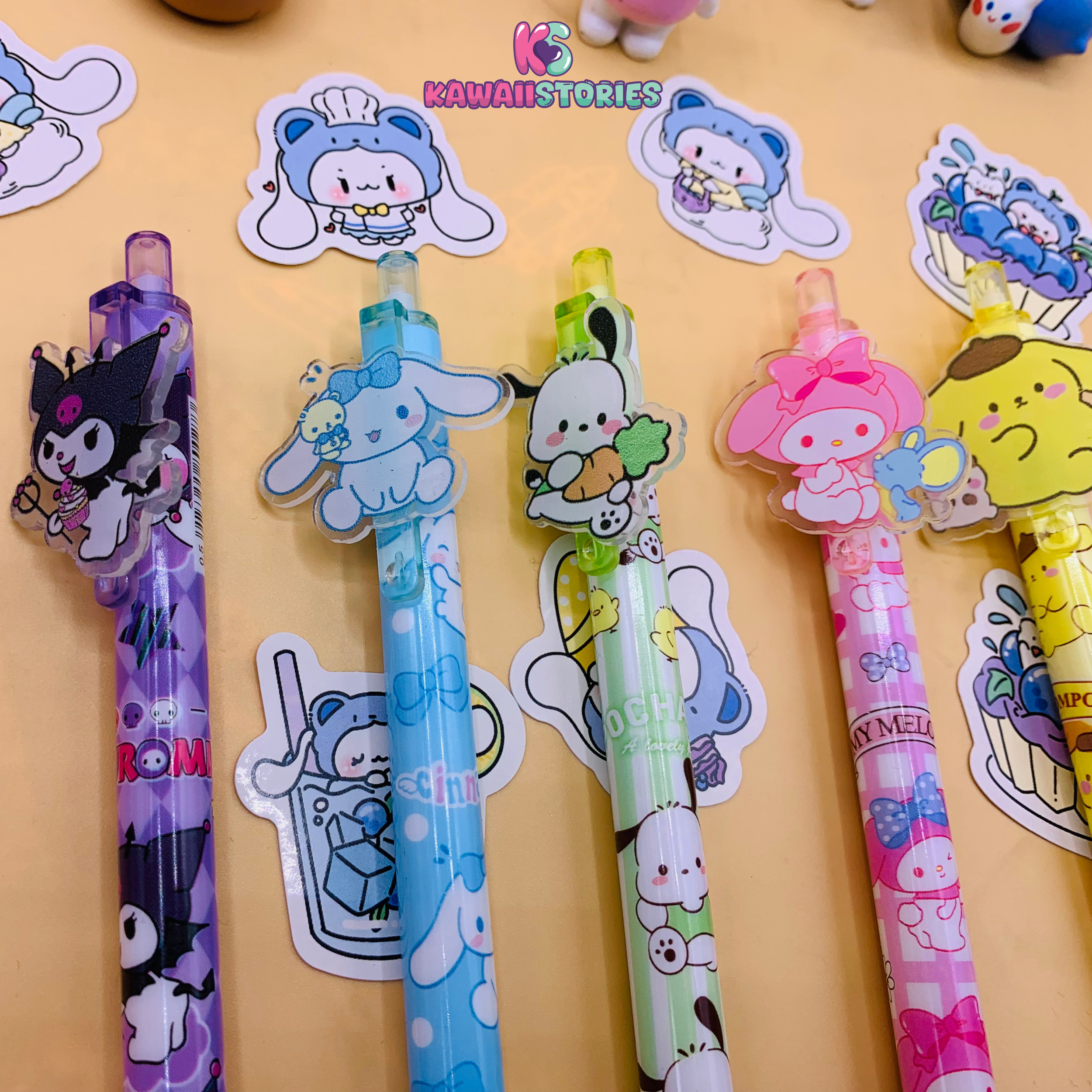 Flat lay of colorful acrylic patch gel pens with decorative stickers