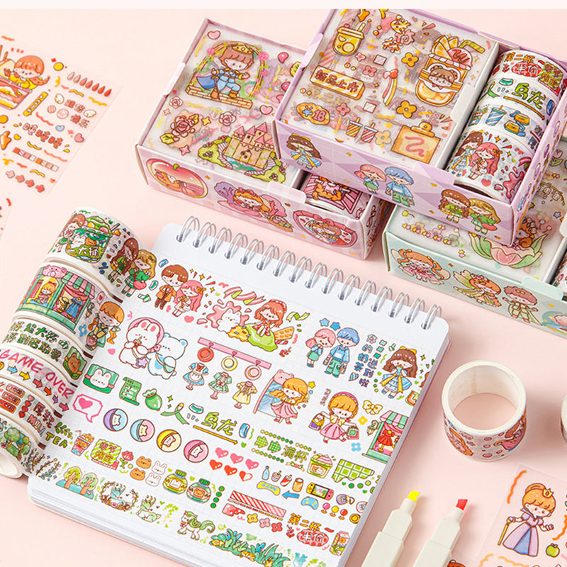Colorful washi tape rolls and sticker designs featuring girls, animals, food, and playful icons