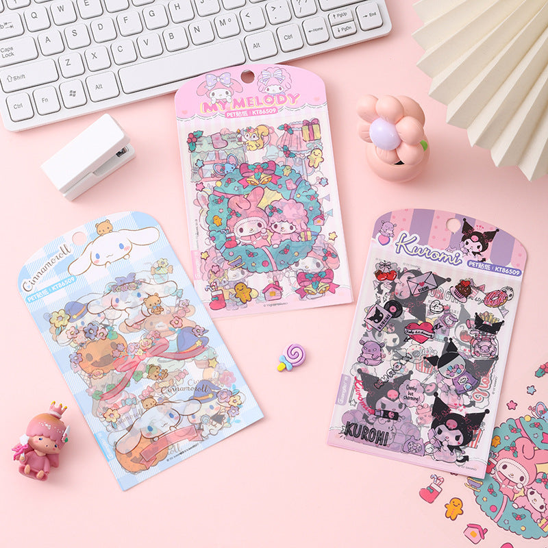 Three kawaii cartoon sticker sheets with pastel animal and dessert illustrations for journals, planners, and scrapbooks