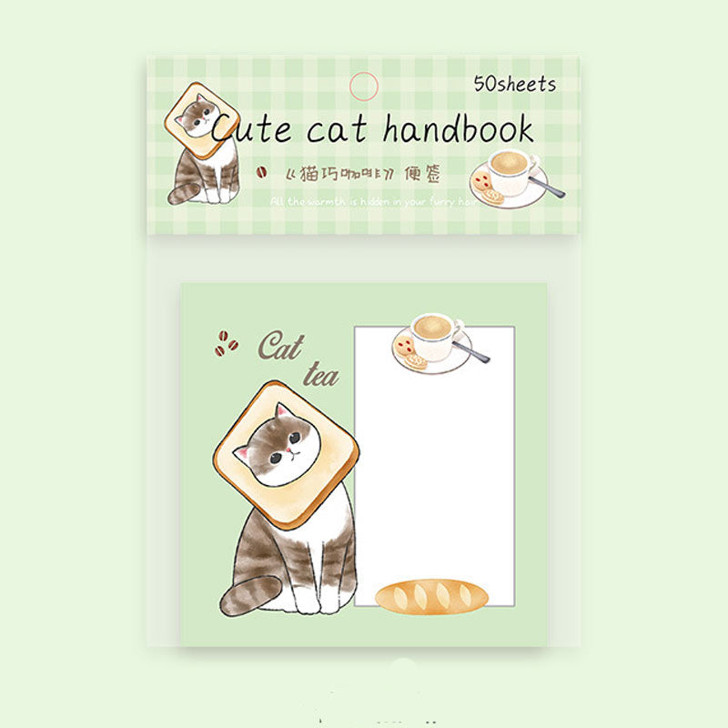 Cat tea message notebook with kitten, coffee cup, bread, and writing space