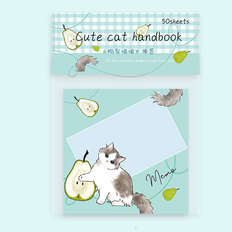 Cute cat message notebook with pear and playful cat illustration