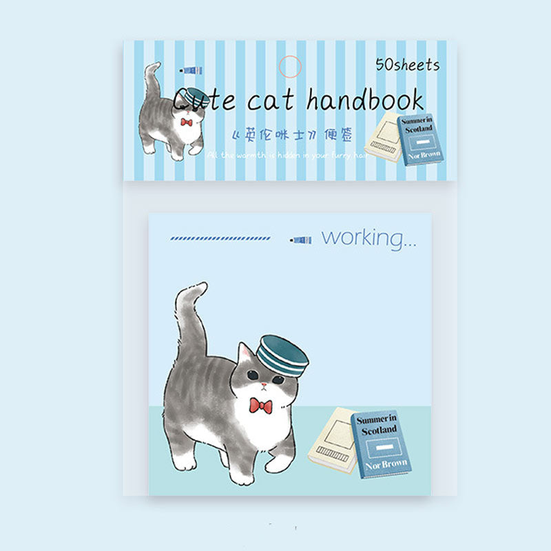 Blue cat message notebook featuring a working kitten with a bow tie