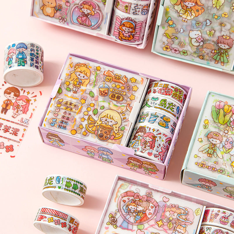 Fairy-themed washi tapes and sticker sheets displayed in decorative boxes