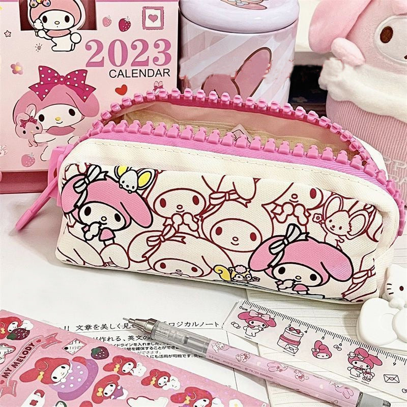 Cute pastel cartoon large zipper pencil case with oversized zipper, spacious design, and kawaii stationery accessories