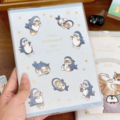 Cute shark cat themed 2026 weekly planner with a B6 PU leather cover and adorable illustrated design