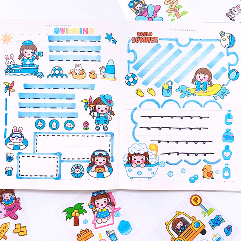 Cute water theme planner sticker pages with swimming, bath, beach, and journal decorations in colorful cartoon designs