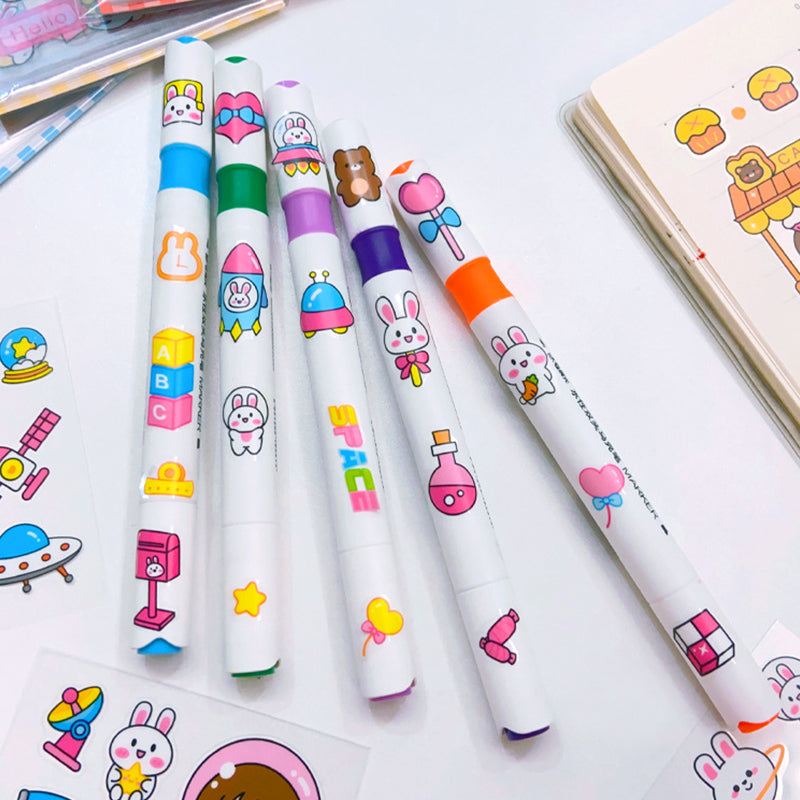 Colorful gel pens decorated with cute waterproof cartoon stickers for school supplies, journaling, and creative projects