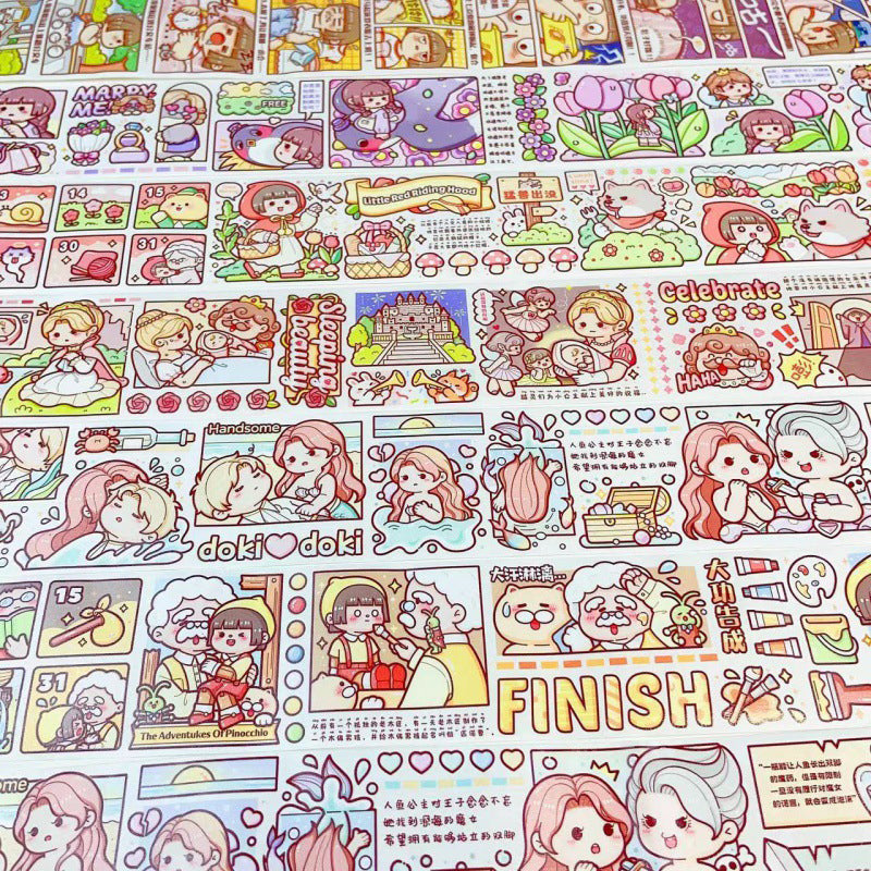 Decorative planner sticker roll showing colorful calendar, travel, lifestyle, and decorative artwork for journaling