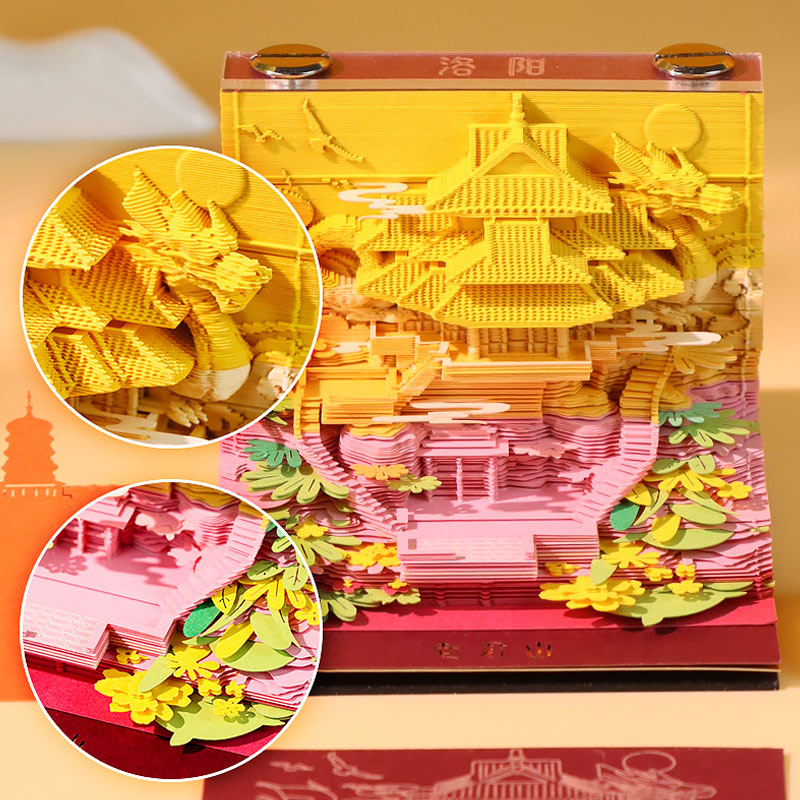 Detailed 3D landmark memo paper with layered architectural scenery