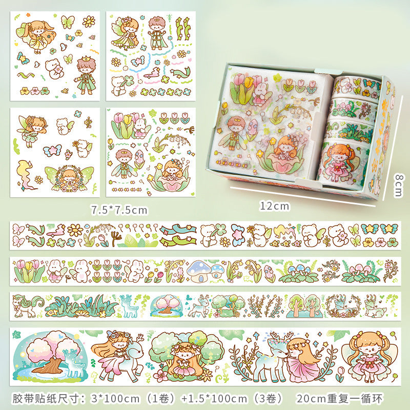 Fairy and flower themed washi stickers arranged with matching decorative tape rolls
