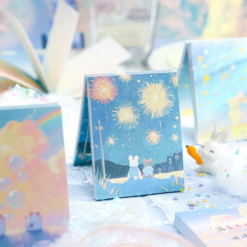Fantasy bunny notebooks displayed with dreamy pastel stationery