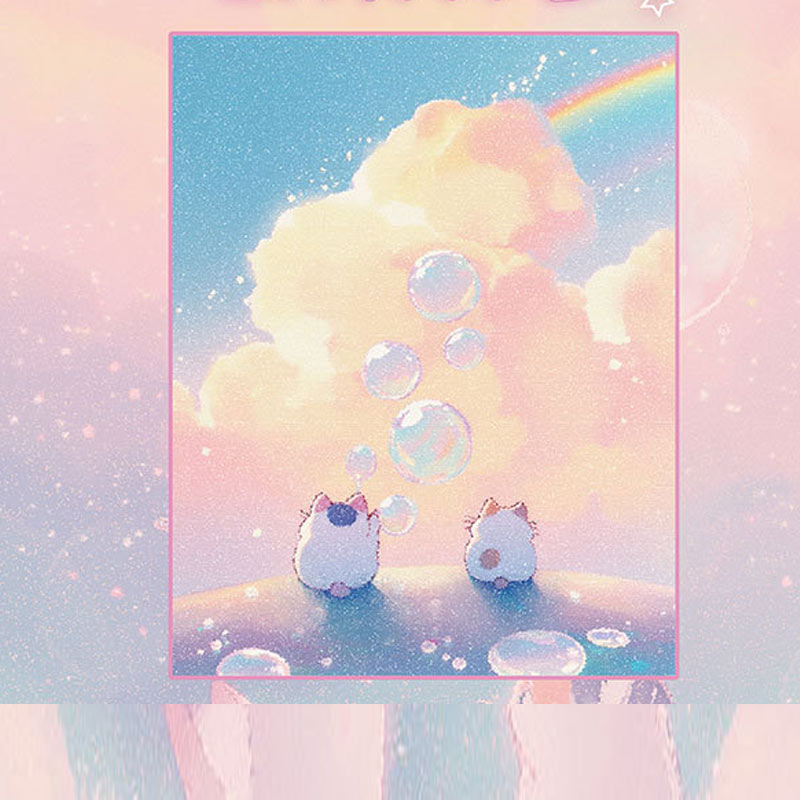 Dreamy bunny memo notebook with pastel clouds, bubbles, and rainbow