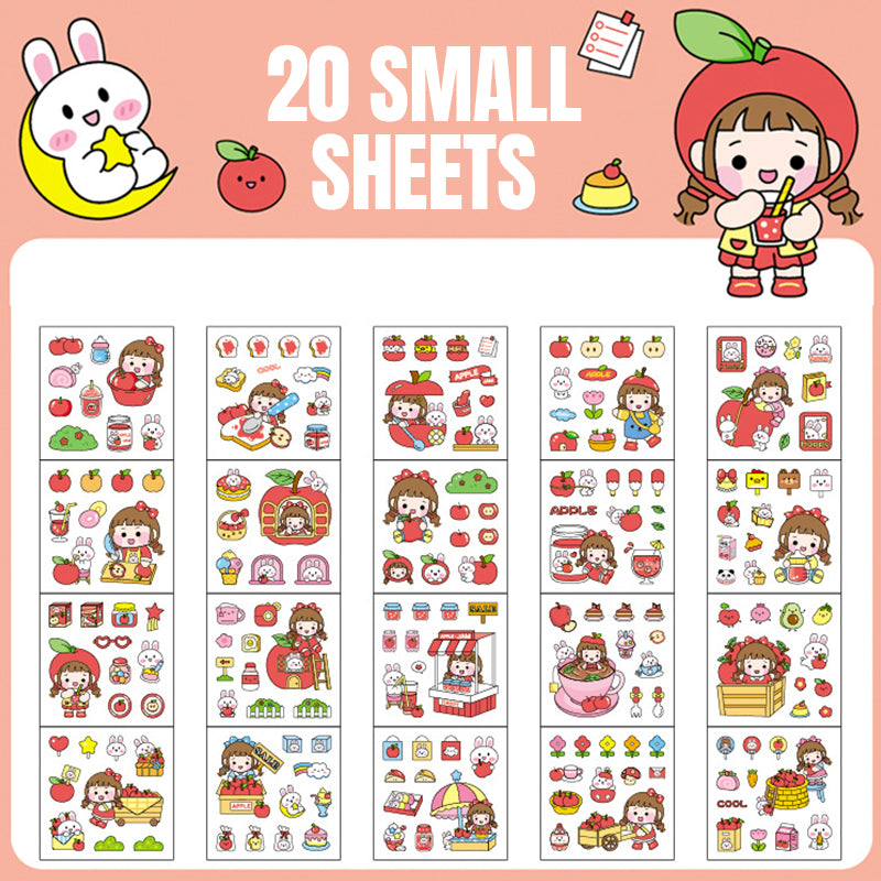 Twenty sheet fruit themed PET sticker set with apples, drinks, desserts, and cute cartoon designs for planners