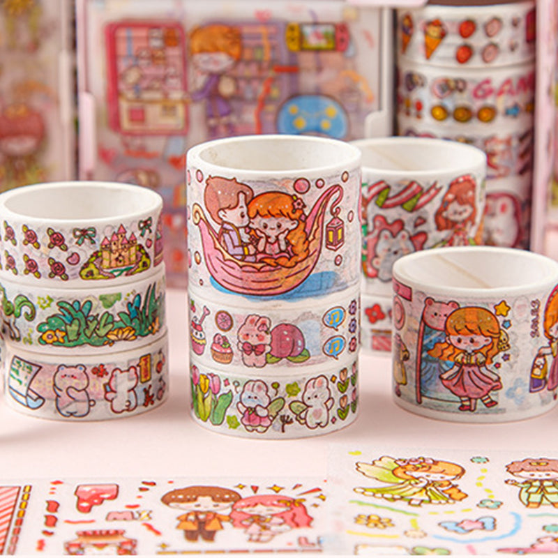 Illustrated washi tape rolls showing flowers, characters, sweets, and colorful scenes