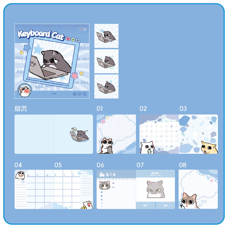 Keyboard Cat student notes with colorful writing page layouts and memo designs