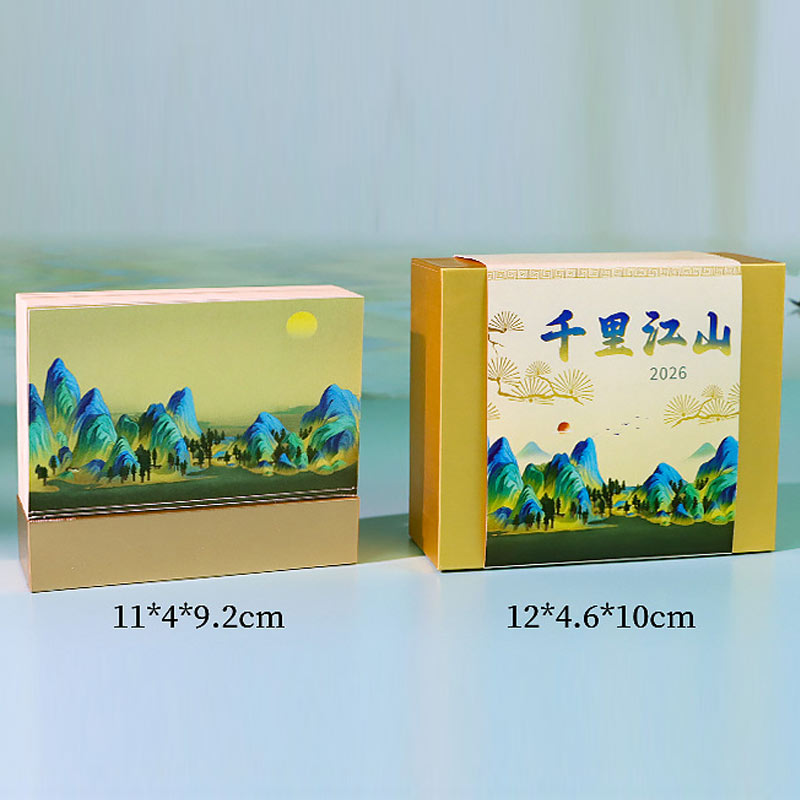 Chinese landscape paper memo pad with colorful layered mountains and desktop packaging