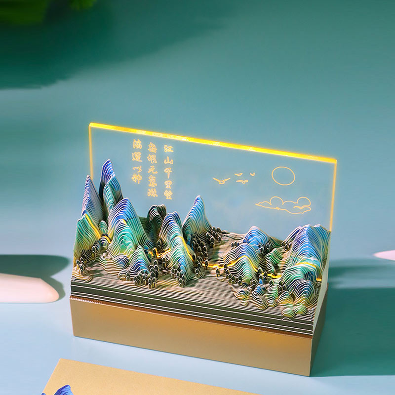 Chinese landscape paper sculpture memo pad featuring layered mountains and decorative scenery
