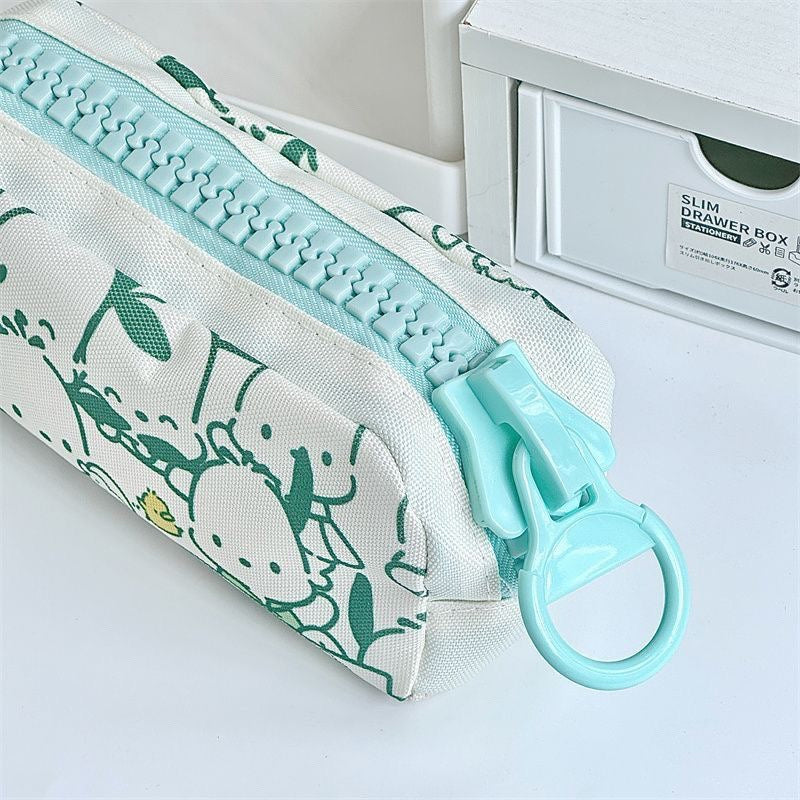 Close up of a large zipper pencil case featuring an oversized pastel zipper and durable fabric