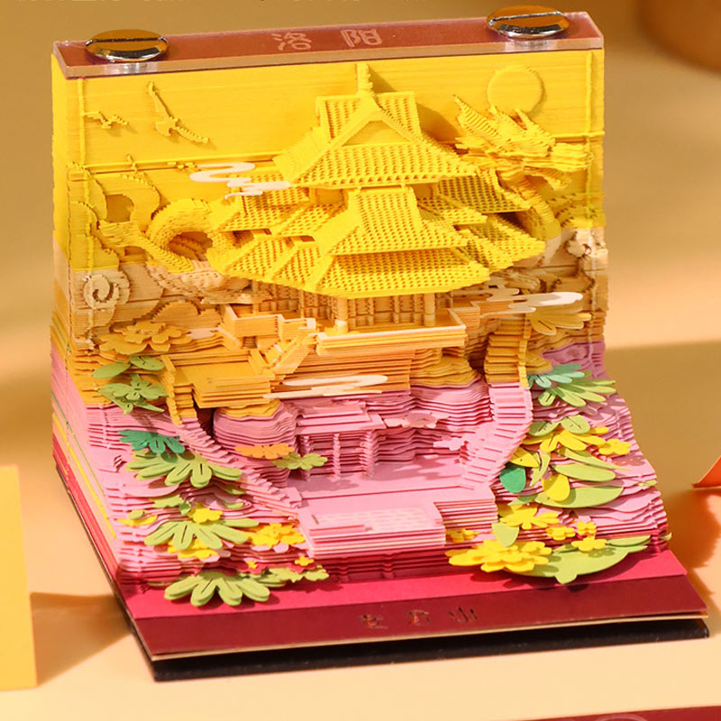 Layered landmark memo paper displaying intricate miniature scenery