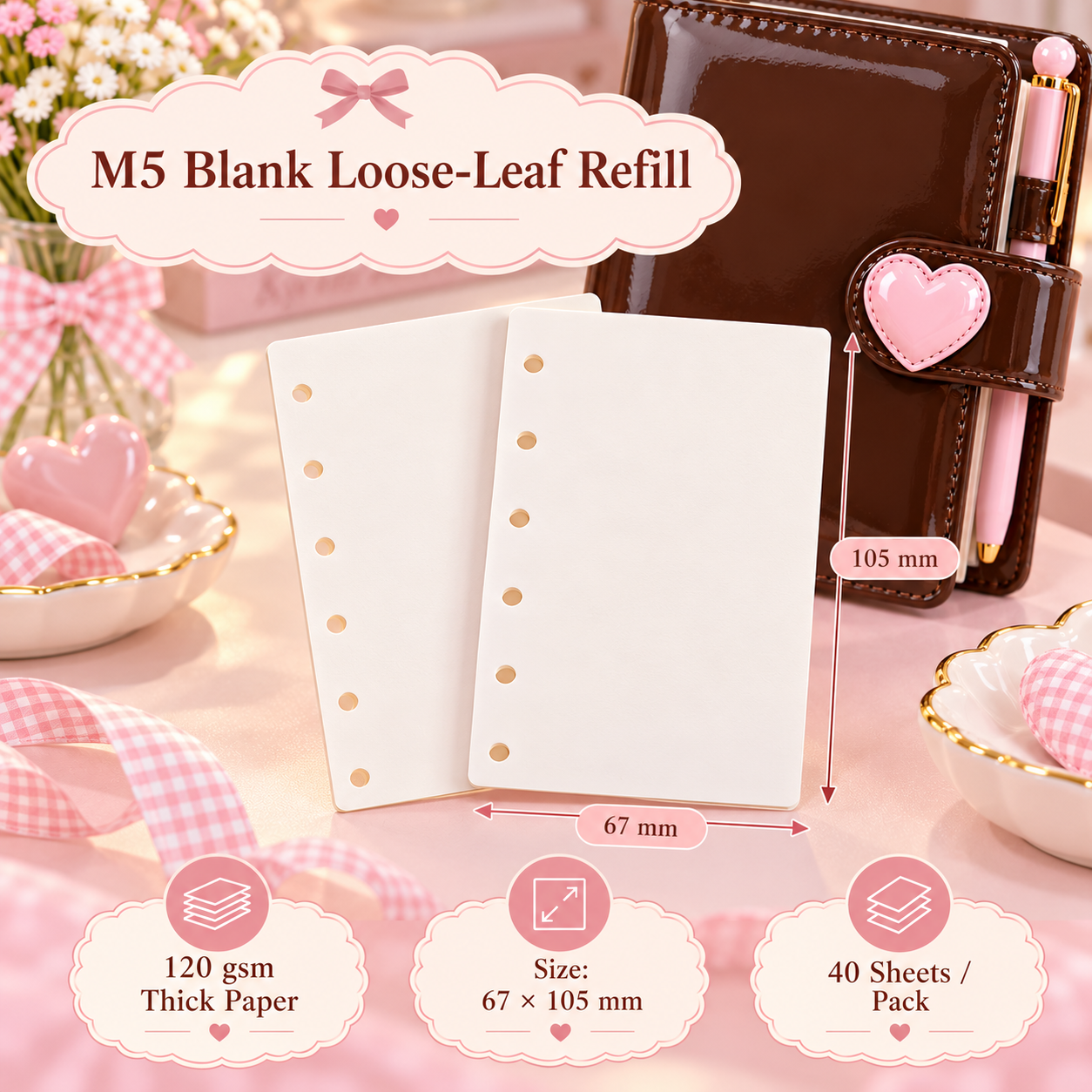 M5 blank loose-leaf refill paper showing 67 x 105 mm size, 120 gsm paper and 40 sheets per pack
