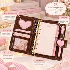 Open M5 chocolate brown PU loose-leaf planner showing heart window, card pocket, photo pocket, pen loop and ring binder