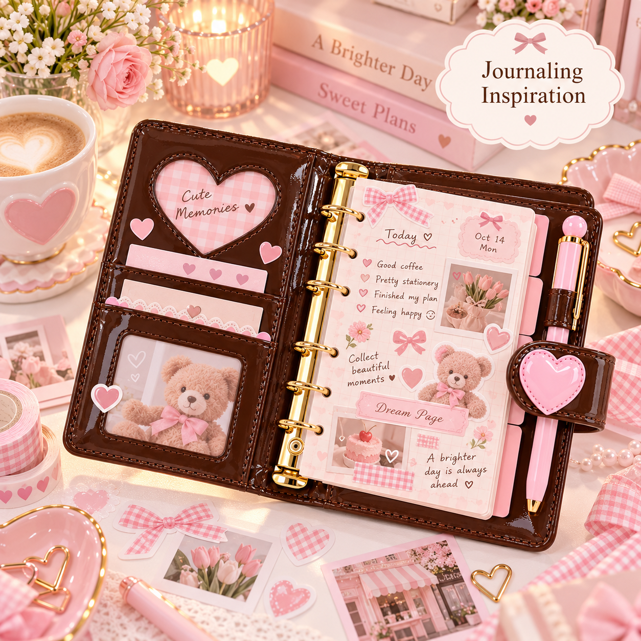 M5 chocolate brown loose-leaf planner styled with a pink kawaii journaling spread