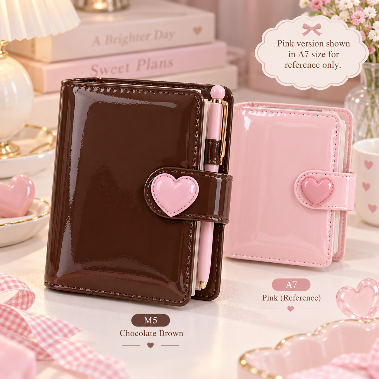M5 chocolate brown PU loose-leaf planner with pink heart clasp and A7 pink size reference