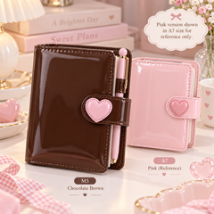 M5 chocolate brown PU loose-leaf planner with pink heart clasp and A7 pink size reference