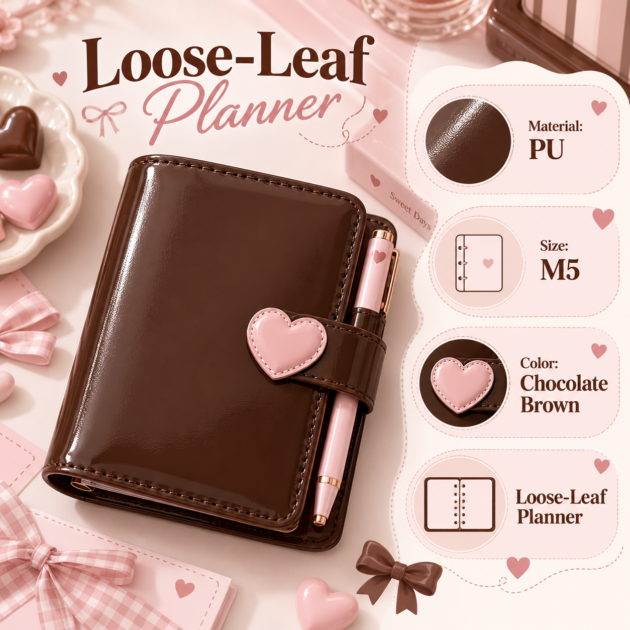 M5 chocolate brown PU loose-leaf planner product details with pink heart clasp